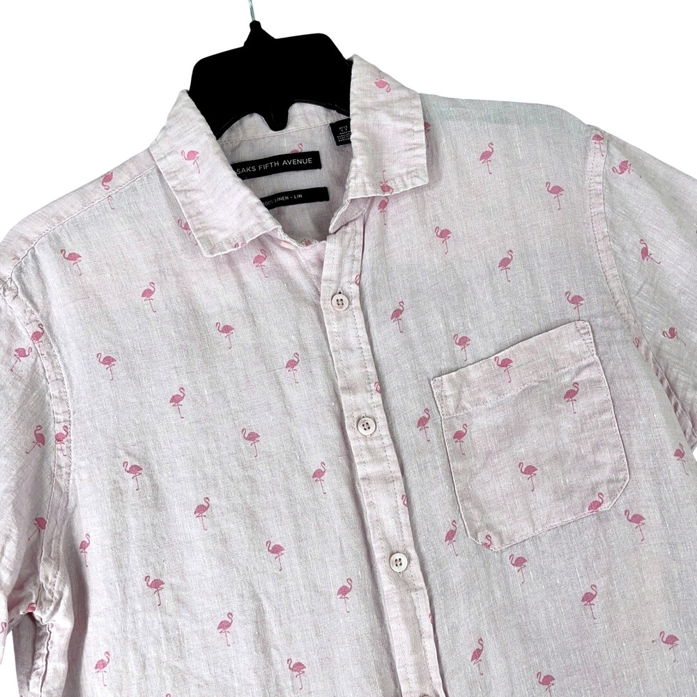 Saks Fifth Avenue Linen Flamingo Print Button Down Shirt S Mens Coastal Resort